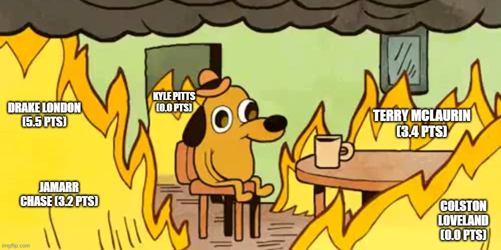 Dog on fire surrounded by fantasy busts.