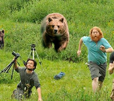 Randy falling down (and hanging himself) while Derek makes it away form the bear chasing theme