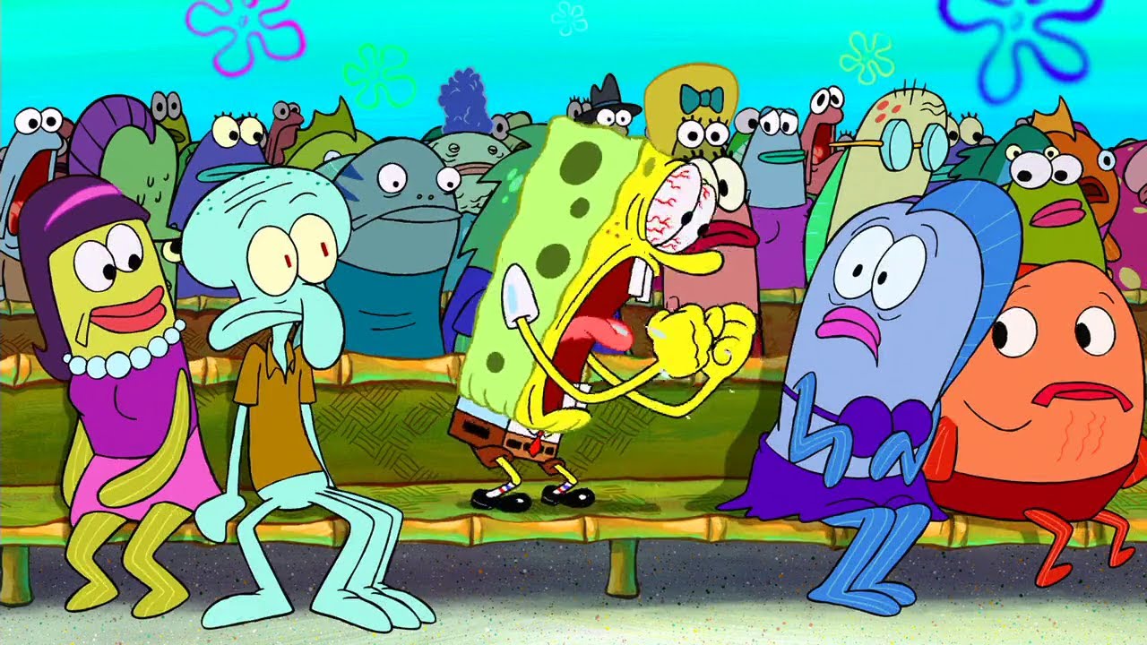 SpongeBob getting hype and yelling in a woman fish's face as a result of fantasy football returning.