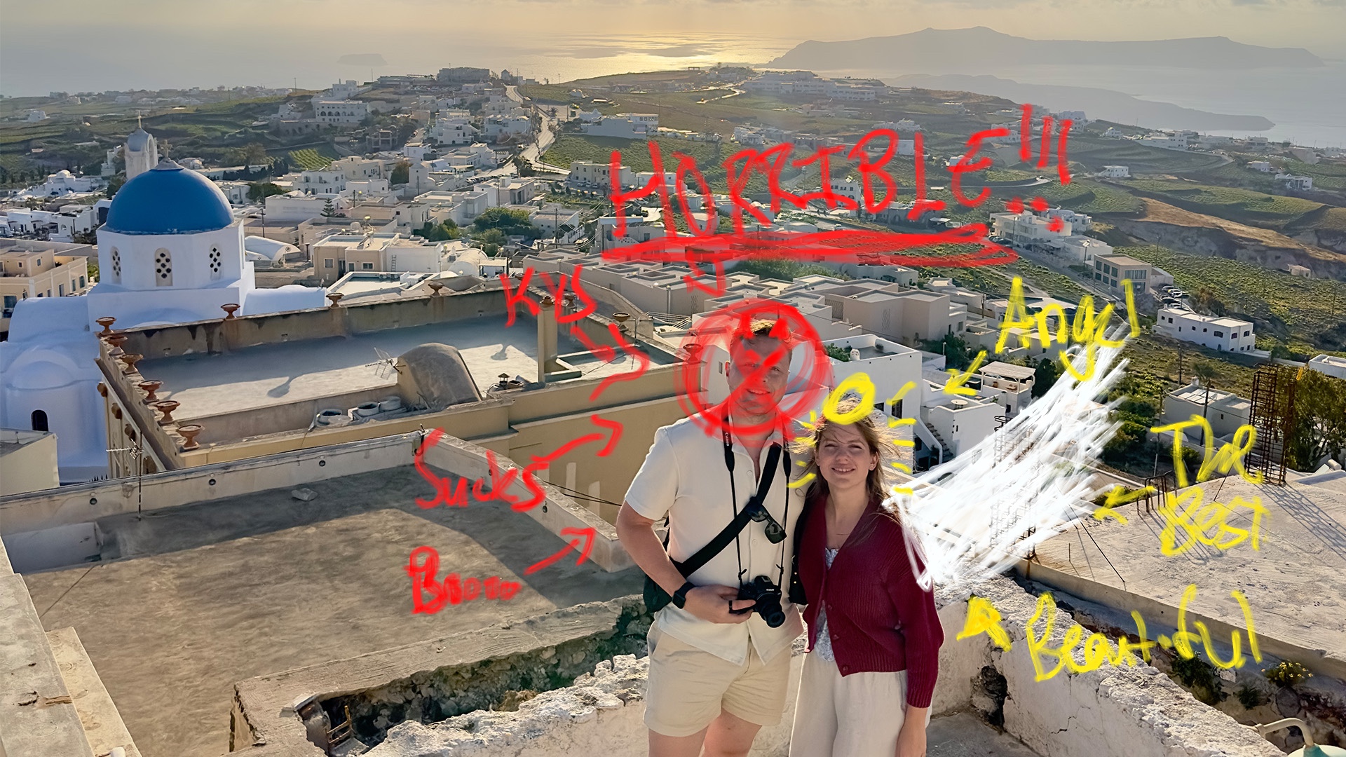 A photo of a perfect angel and a stupid idiot in Santorini.